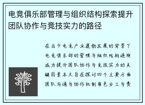 电竞俱乐部管理与组织结构探索提升团队协作与竞技实力的路径